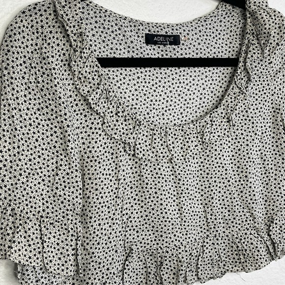 Star Print Size Small Ruffle Hem Crop Top Women's Flowy Boho Indie Blouse - Picture 2 of 10